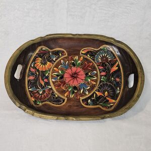 Vintage Wooden Hand Painted Serving Tray Floral Folk Art Traditional Colorful